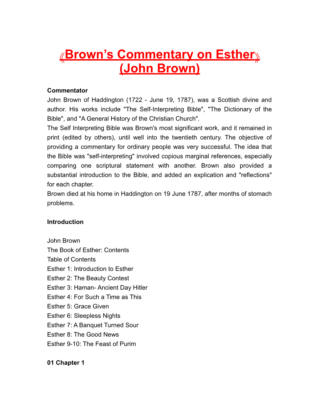 Brown S Commentary on Esther (John Brown)