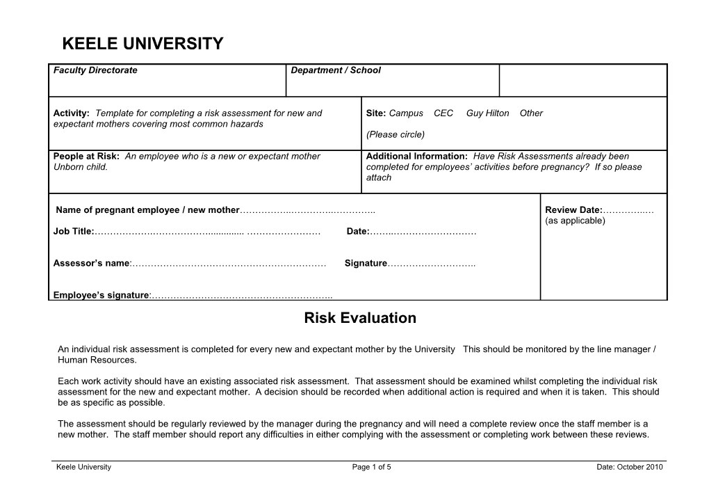 Pregnant Workers - Generic Risk Assessment