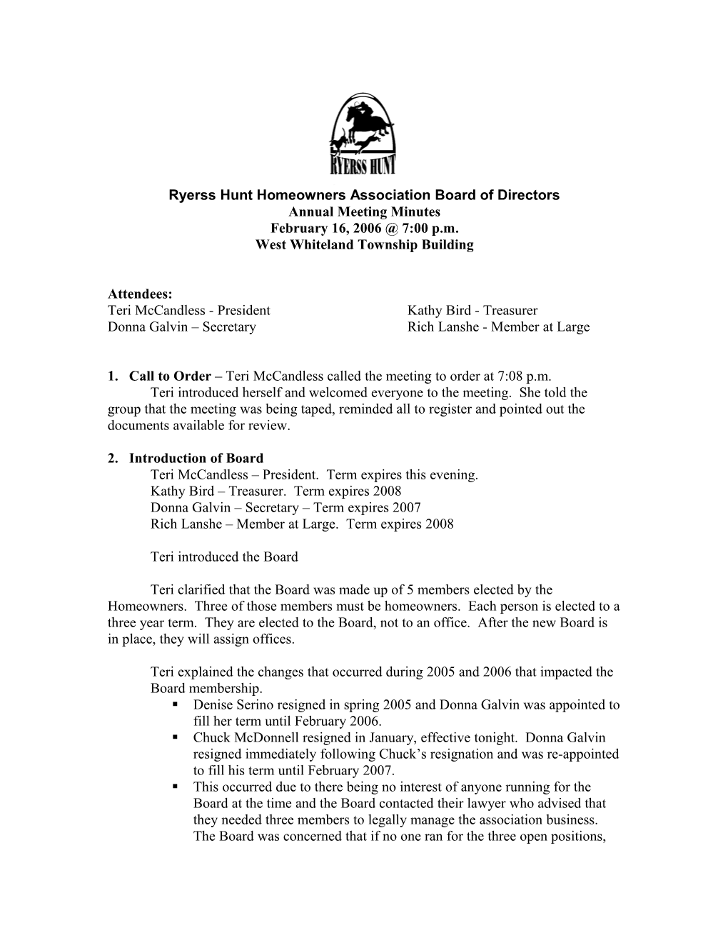 Ryerss Hunt Minutes Meeting of February 17, 2005 (Check Date W/Chuck)