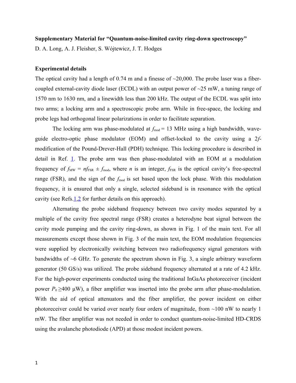 Supplementary Material for Quantum-Noise-Limited Cavity Ring-Down Spectroscopy