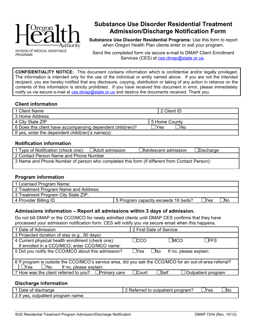Substance Use Disorder Residential Treatment Admission/Discharge Notificationform