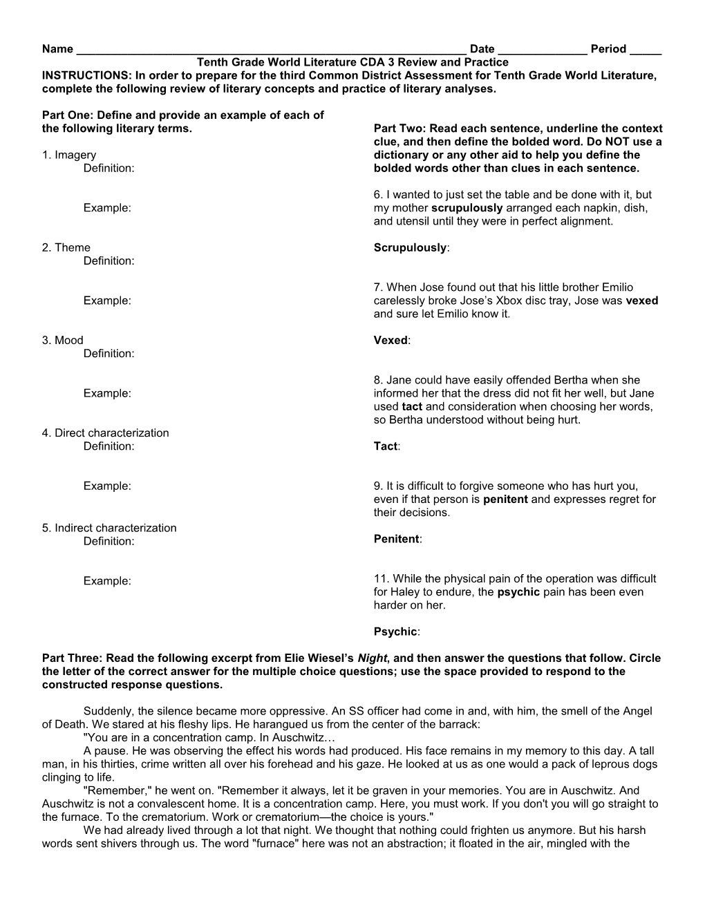 Tenth Grade World Literature CDA 3 Review and Practice