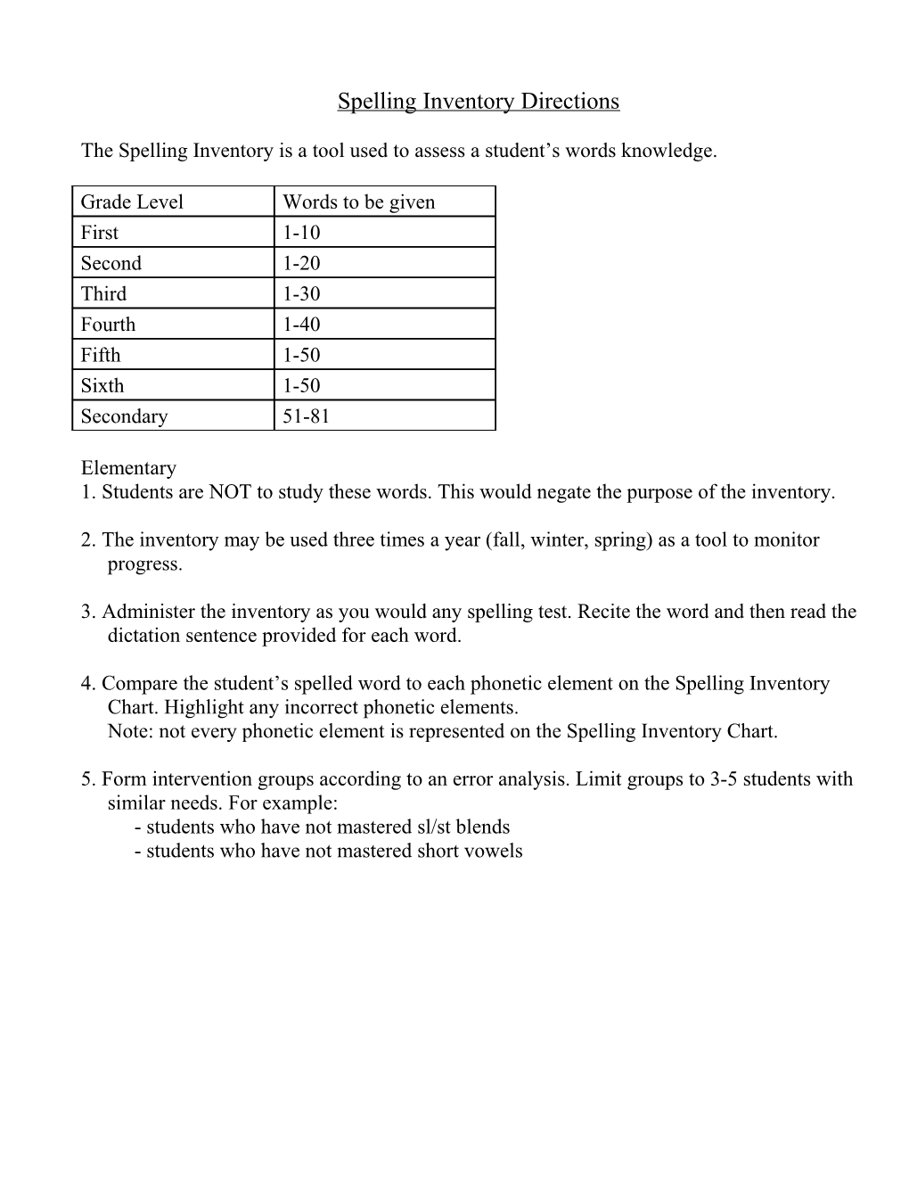 Spelling Inventory Directions