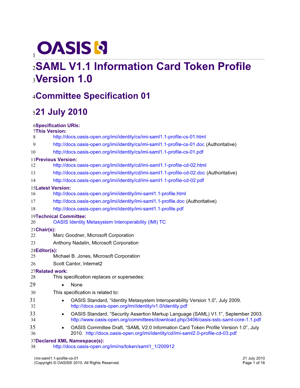 OASIS SAML V1.1 Information Card Token Profile Version 1.0