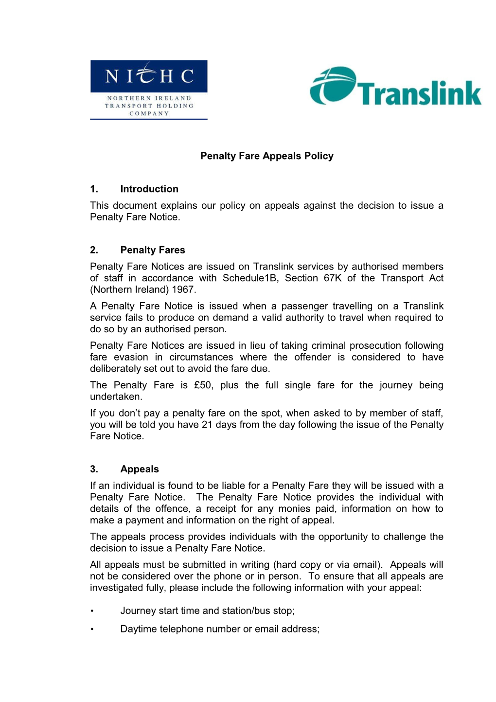 Penalty Fare Appeals Policy