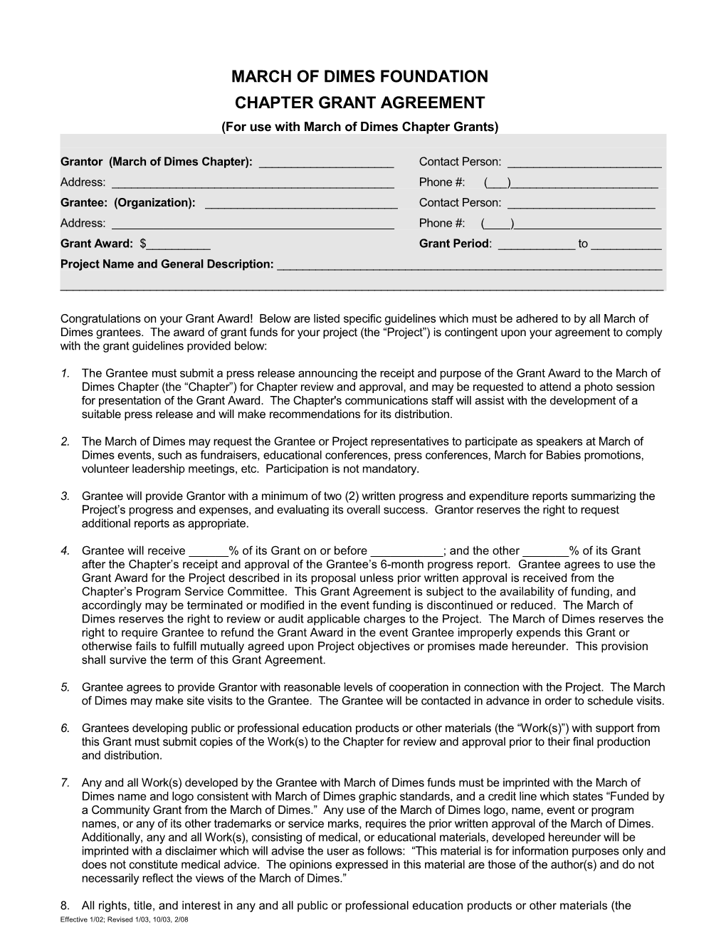 Agreement for Grantees Agreement