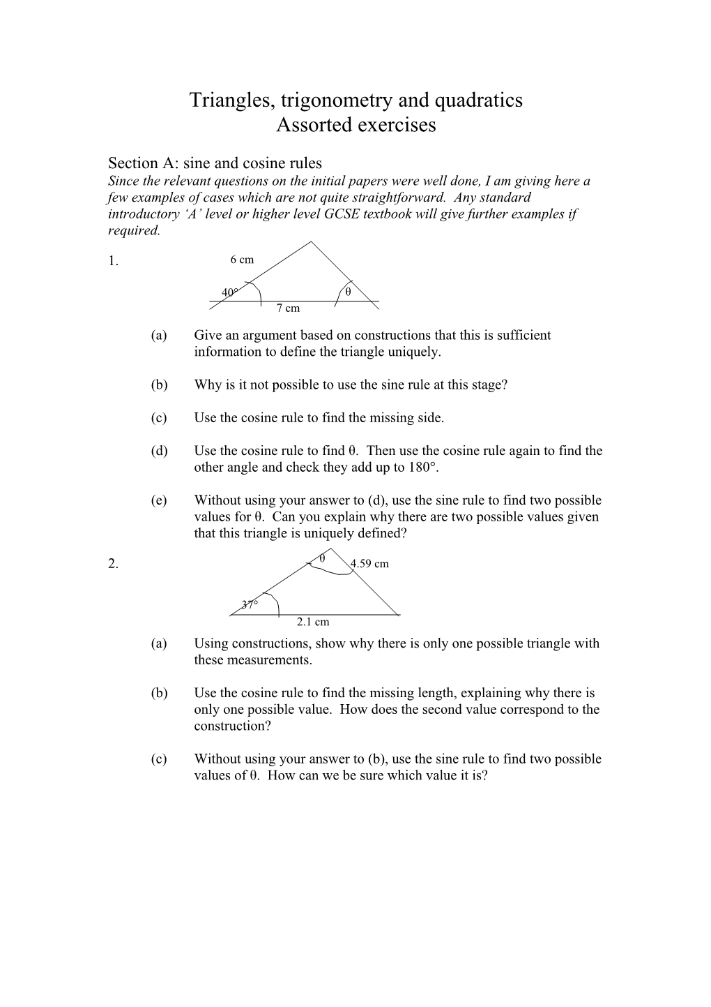 Triangles, Trigonometry and Quadratics