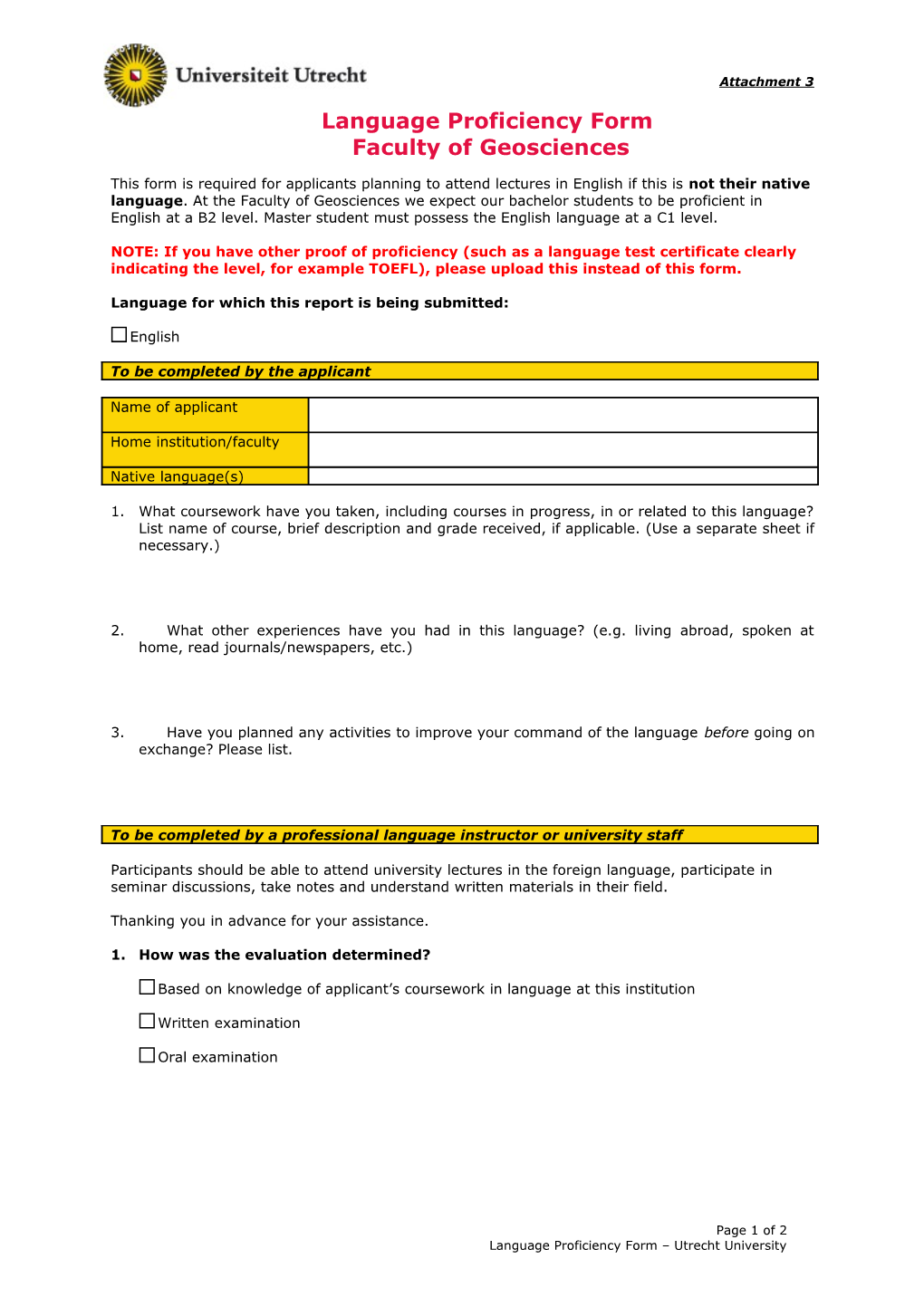 Language Proficiency Form - Page 1