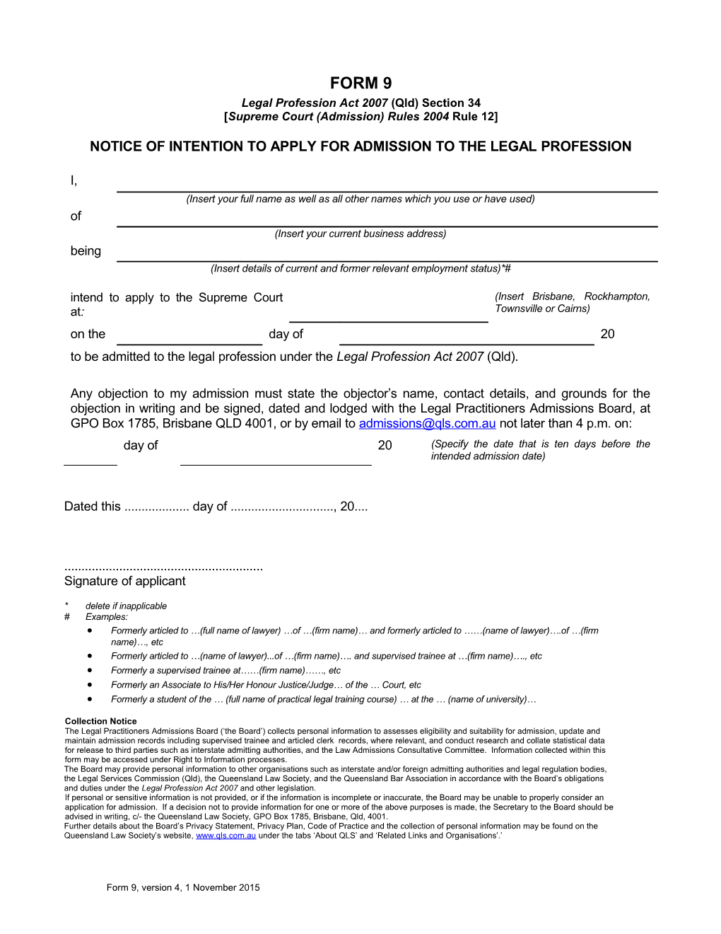 Legal Practitioner Admissions Rules 2004 - Form 9