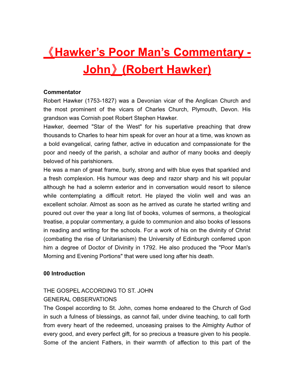 Hawker S Poor Man Scommentary-John (Robert Hawker)
