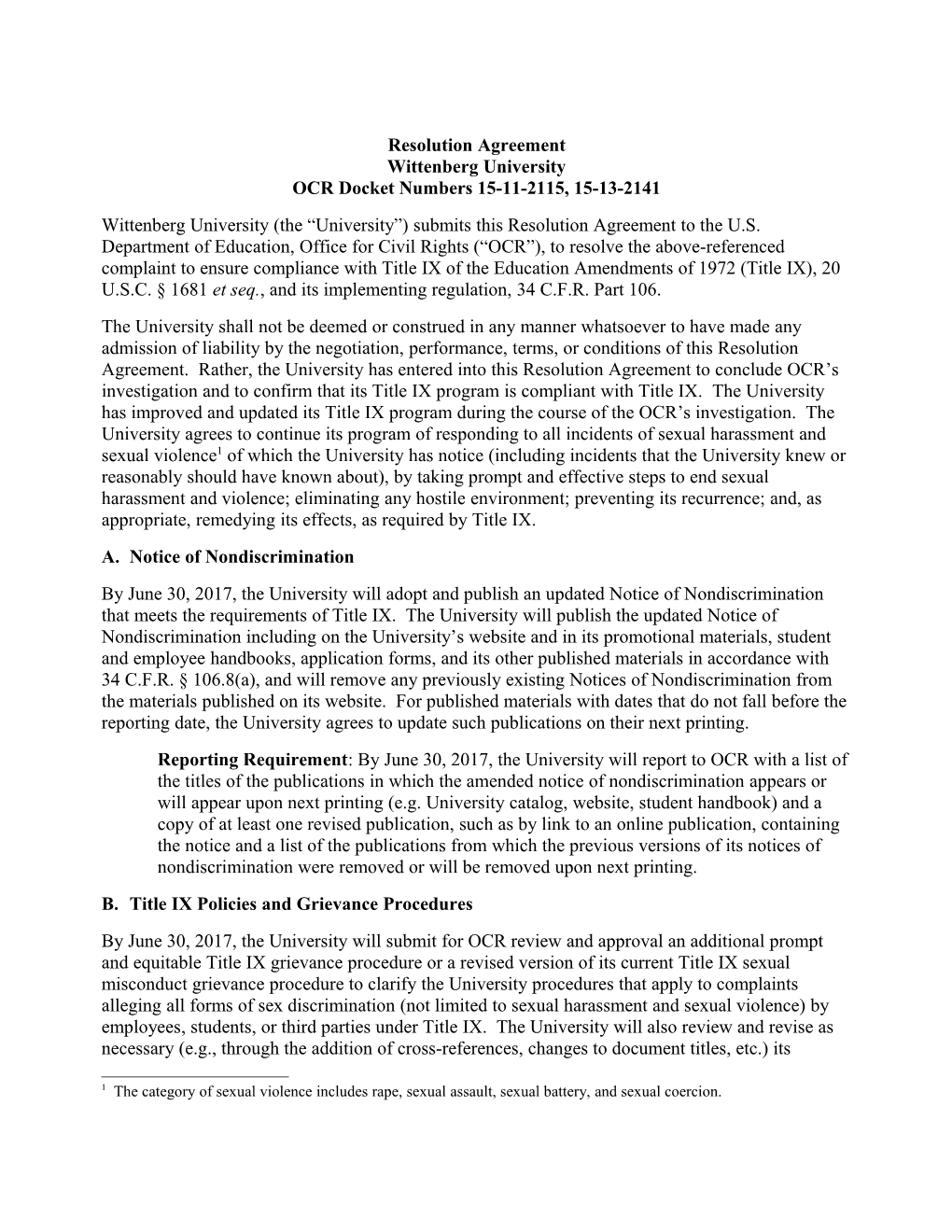 Wittenberg University Resolution Agreement (MS Word)