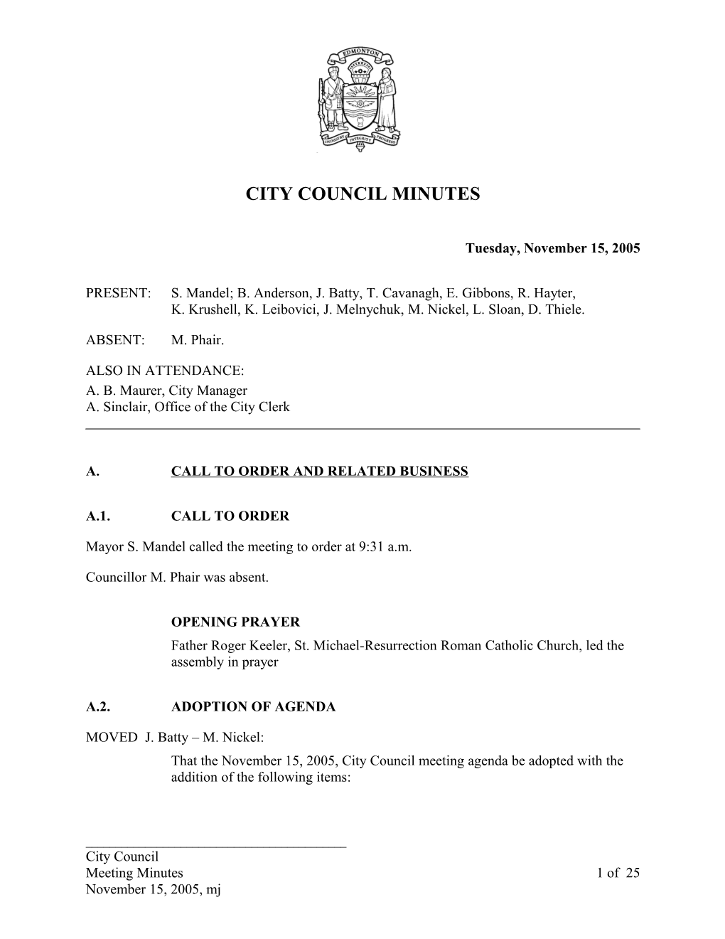 Minutes for City Council November 15, 2005 Meeting