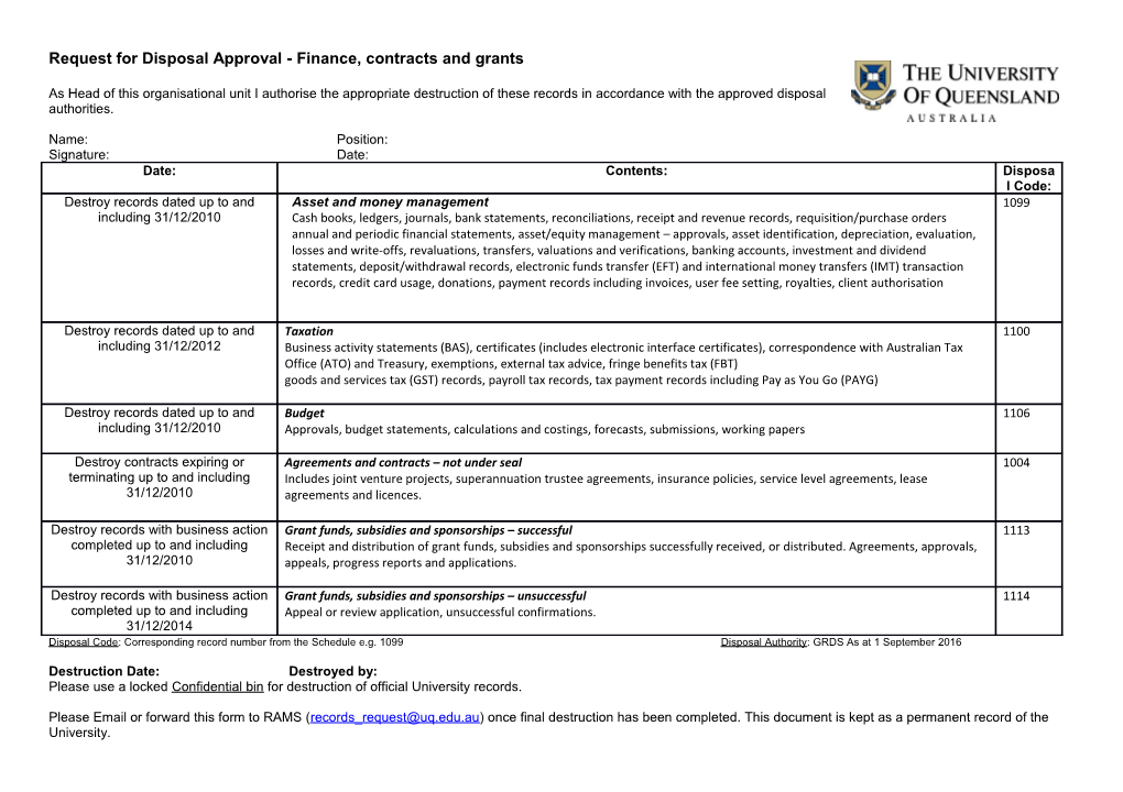 Request for Disposal Approval- Finance, Contracts and Grants