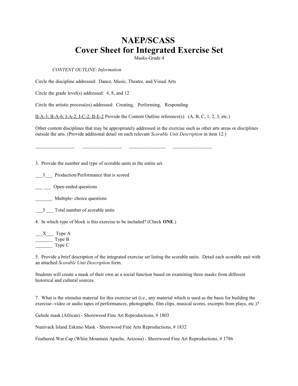 Cover Sheet for Integrated Exercise Set