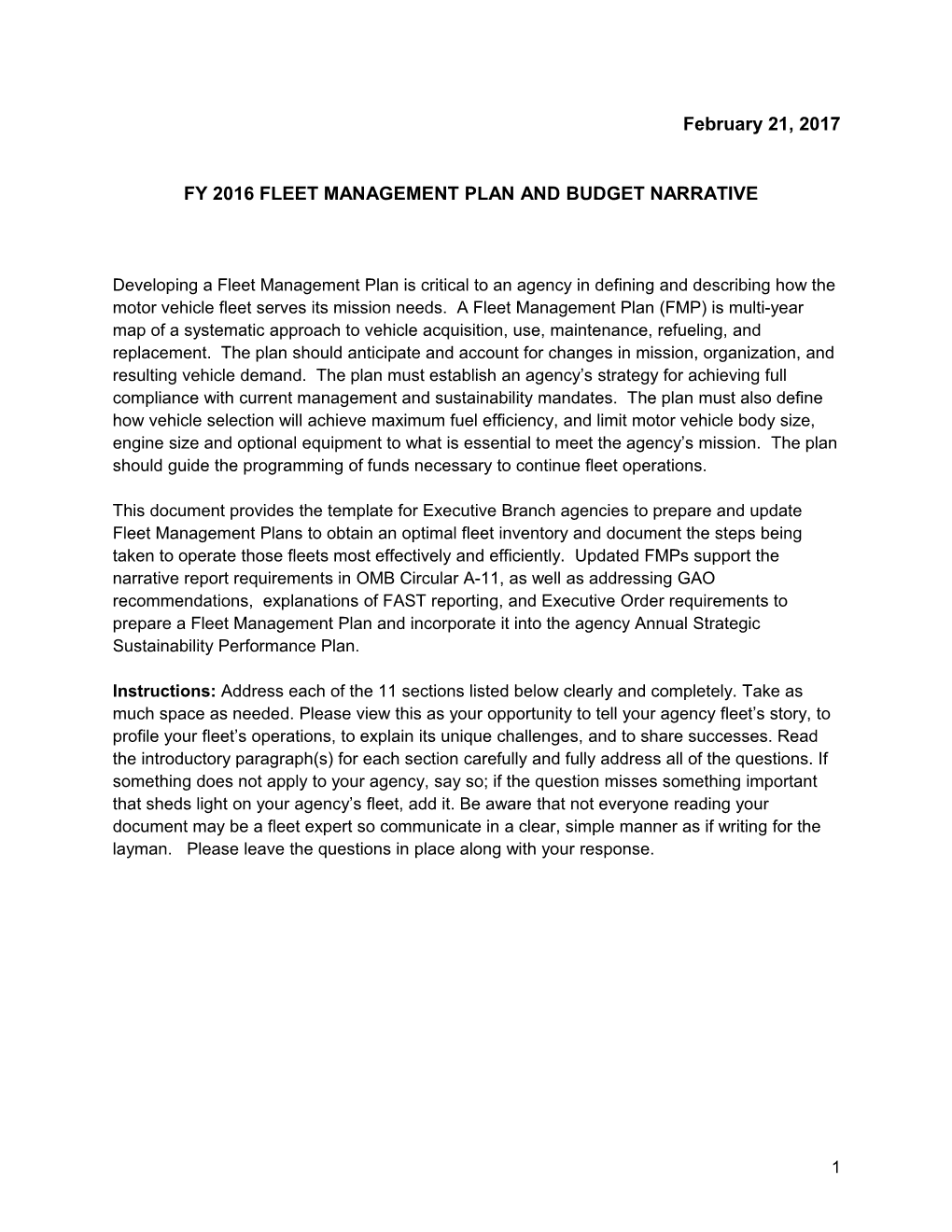 Fy 2016 Fleet Management Plan and Budget Narrative