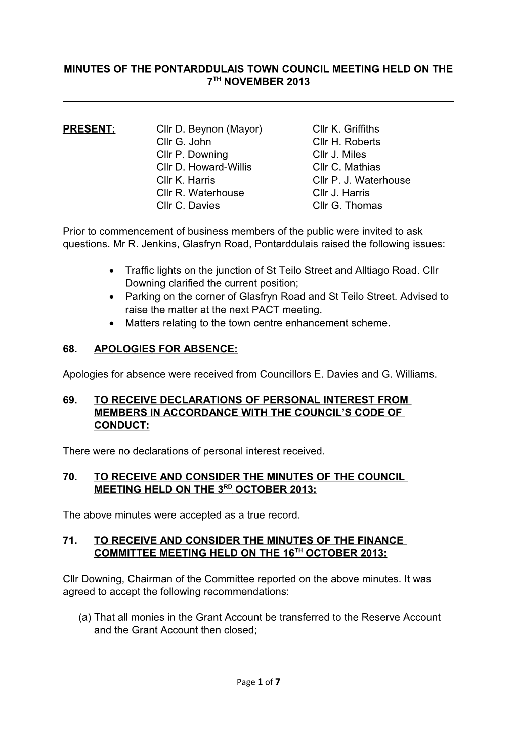 Minutes of the Pontarddulais Town Council Meeting Held on the 7Th November 2013