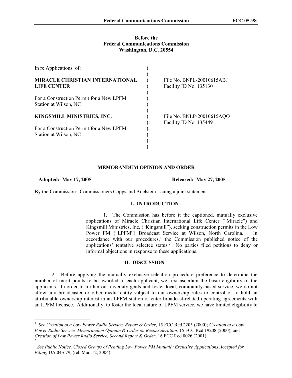 Federal Communications Commissionfcc 05-98