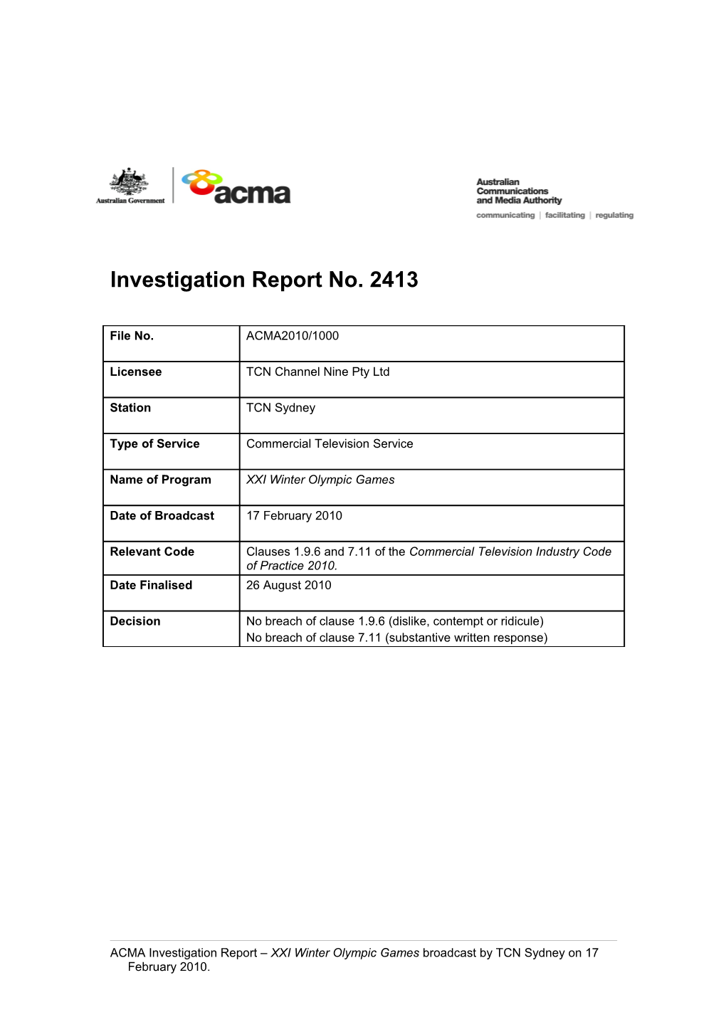 TCN Sydney - ACMA Investigation Report 2413