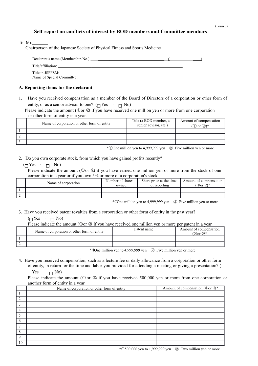 Self-Report on Conflicts of Interest by BOD Members and Committee Members