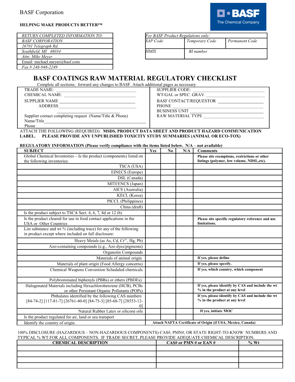 Basf Coatings Raw Material Supplier Approval Form