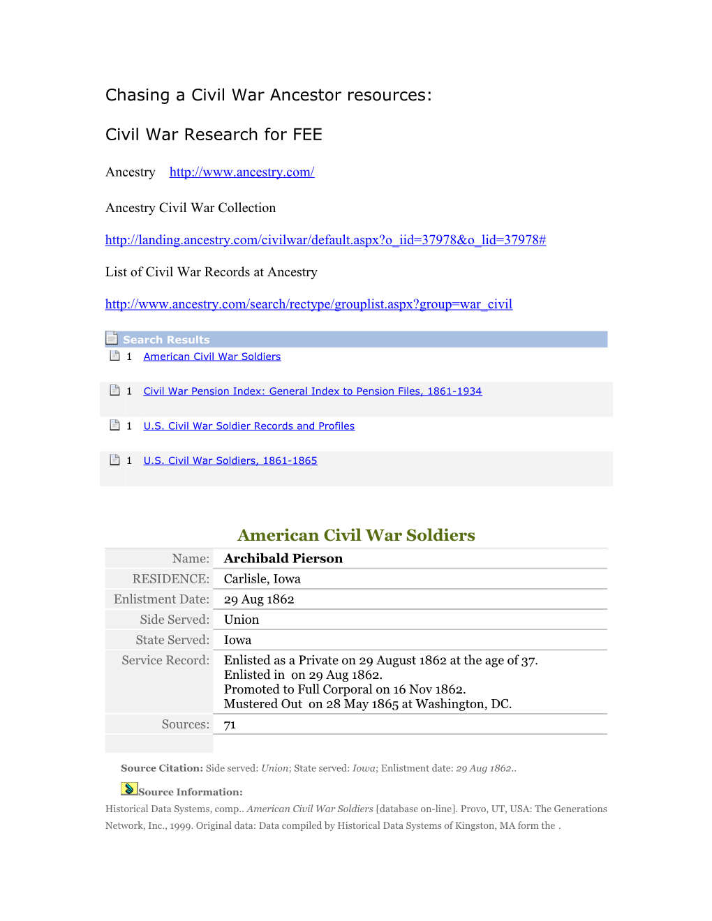 Civil War Research for FEE