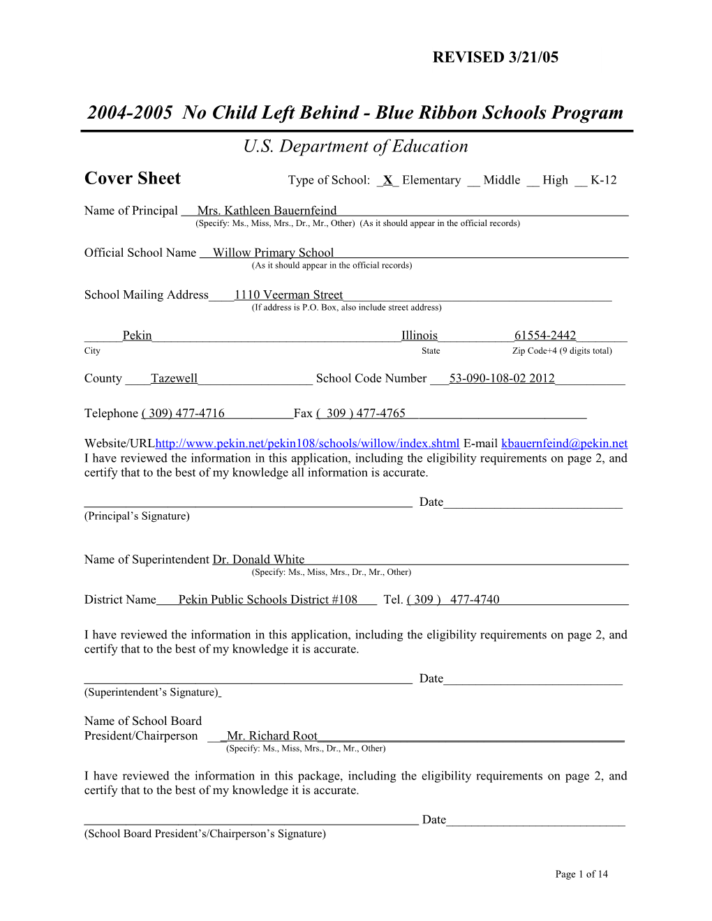 Willow Primary School Application: 2004-2005, No Child Left Behind - Blue Ribbon Schools