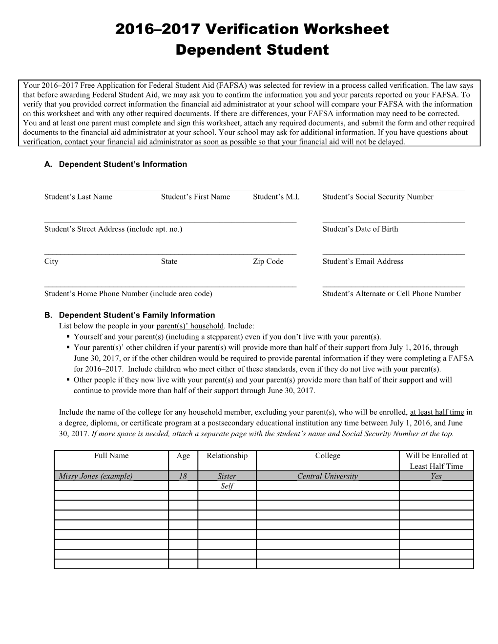 2016 2017 Verification Worksheet