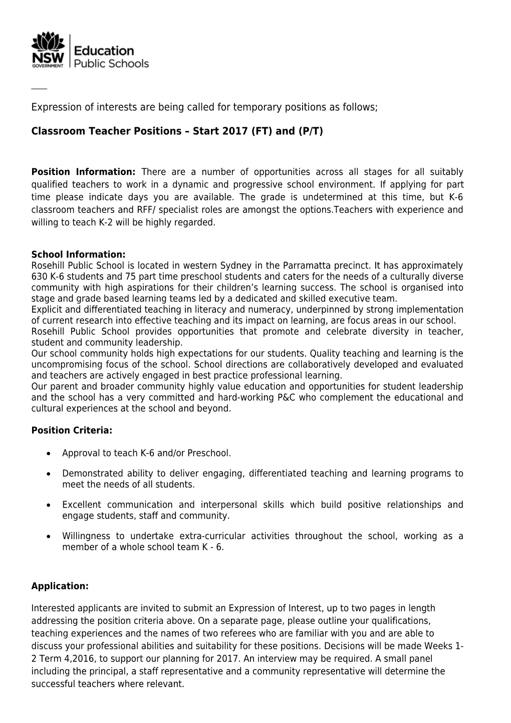 Classroom Teacher Positions Start 2017 (FT) and (P/T)