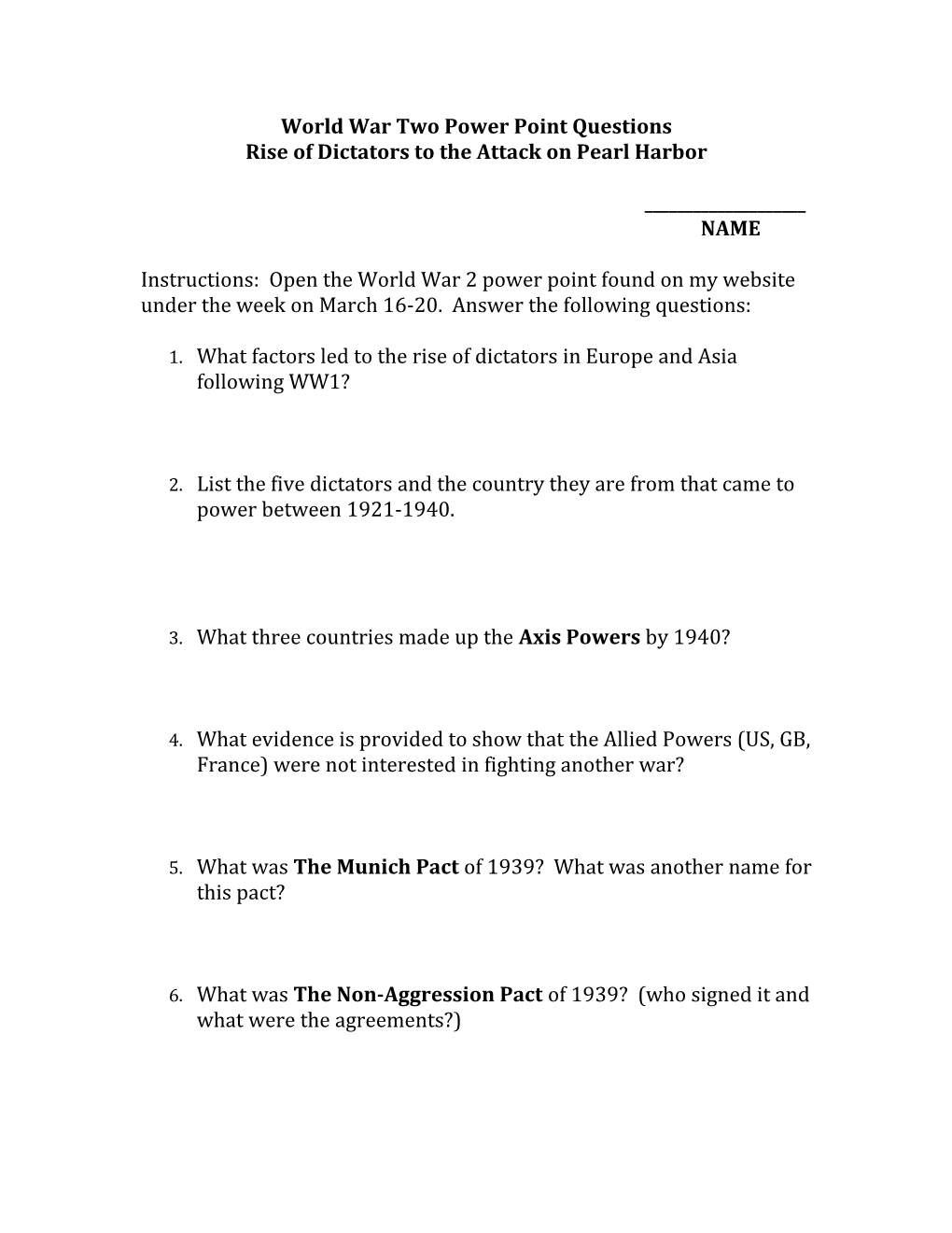 World War Two Power Point Questions