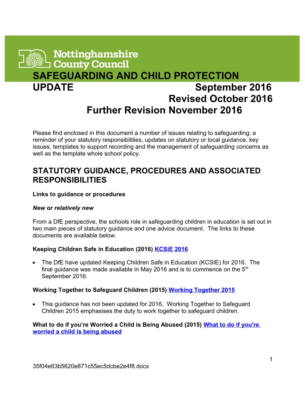 SAFEGUARDING and CHILD PROTECTION UPDATE September 2016