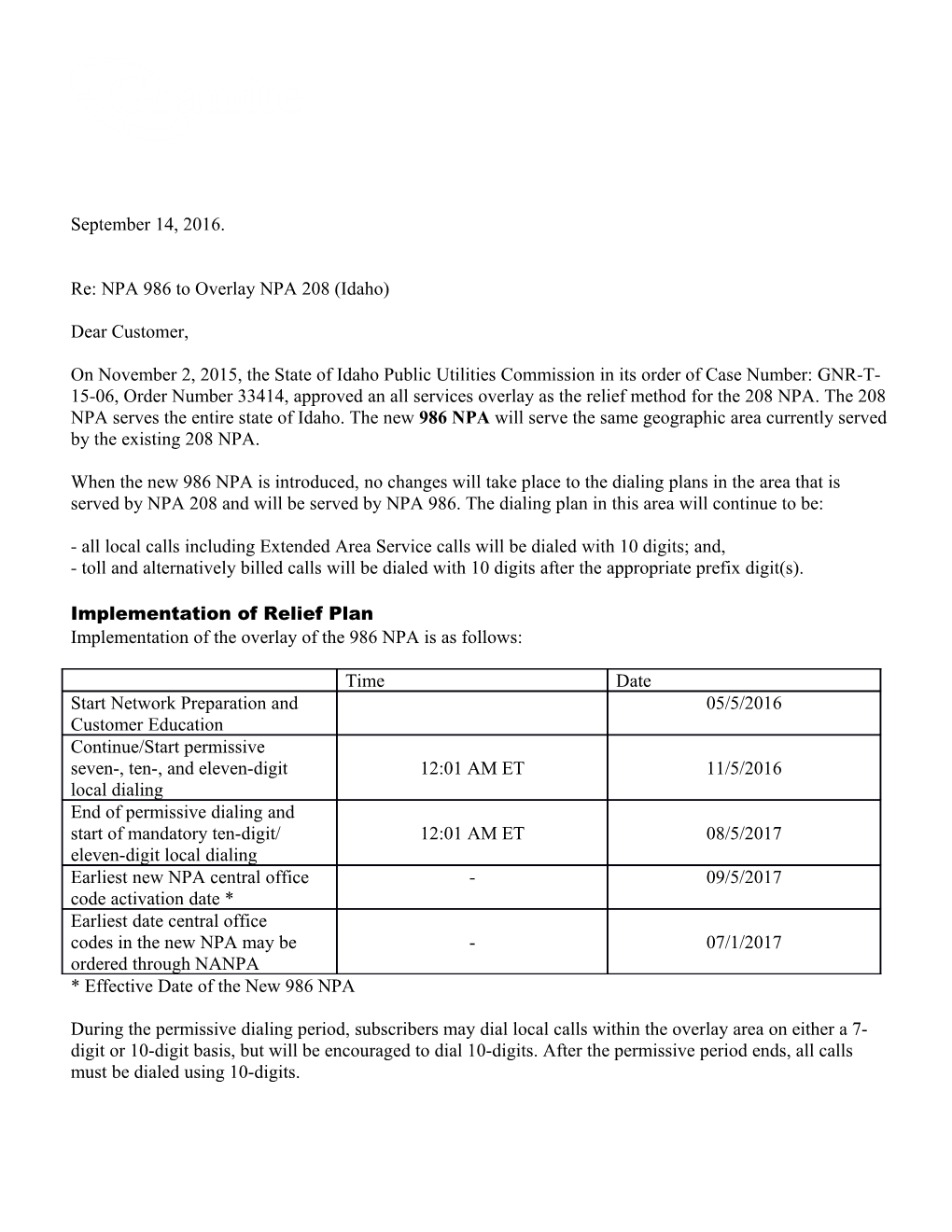 Re: NPA 986 to Overlay NPA 208 (Idaho)