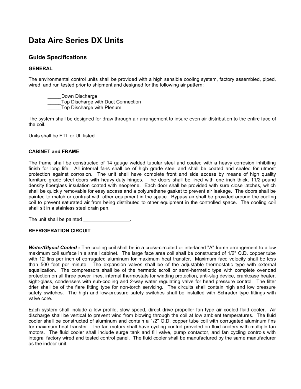 Data Aire Series DX Units Guide Specifcations