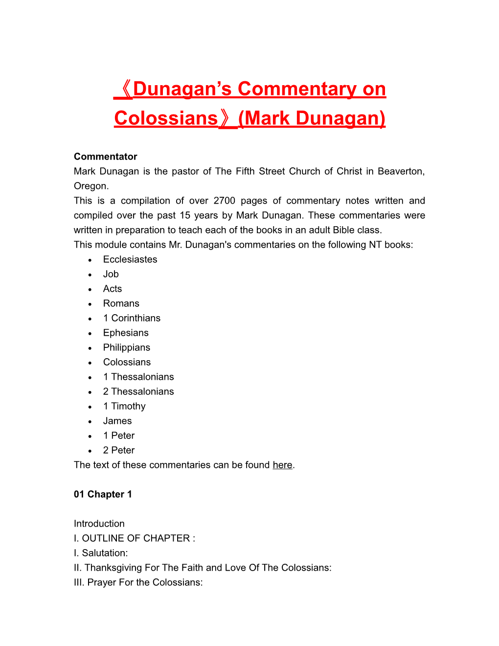 Dunagan S Commentary on Colossians (Mark Dunagan)