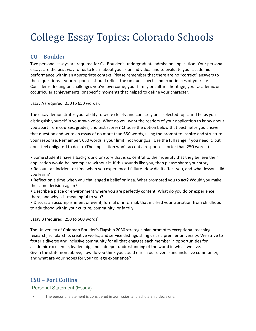 College Essay Topics: Colorado Schools