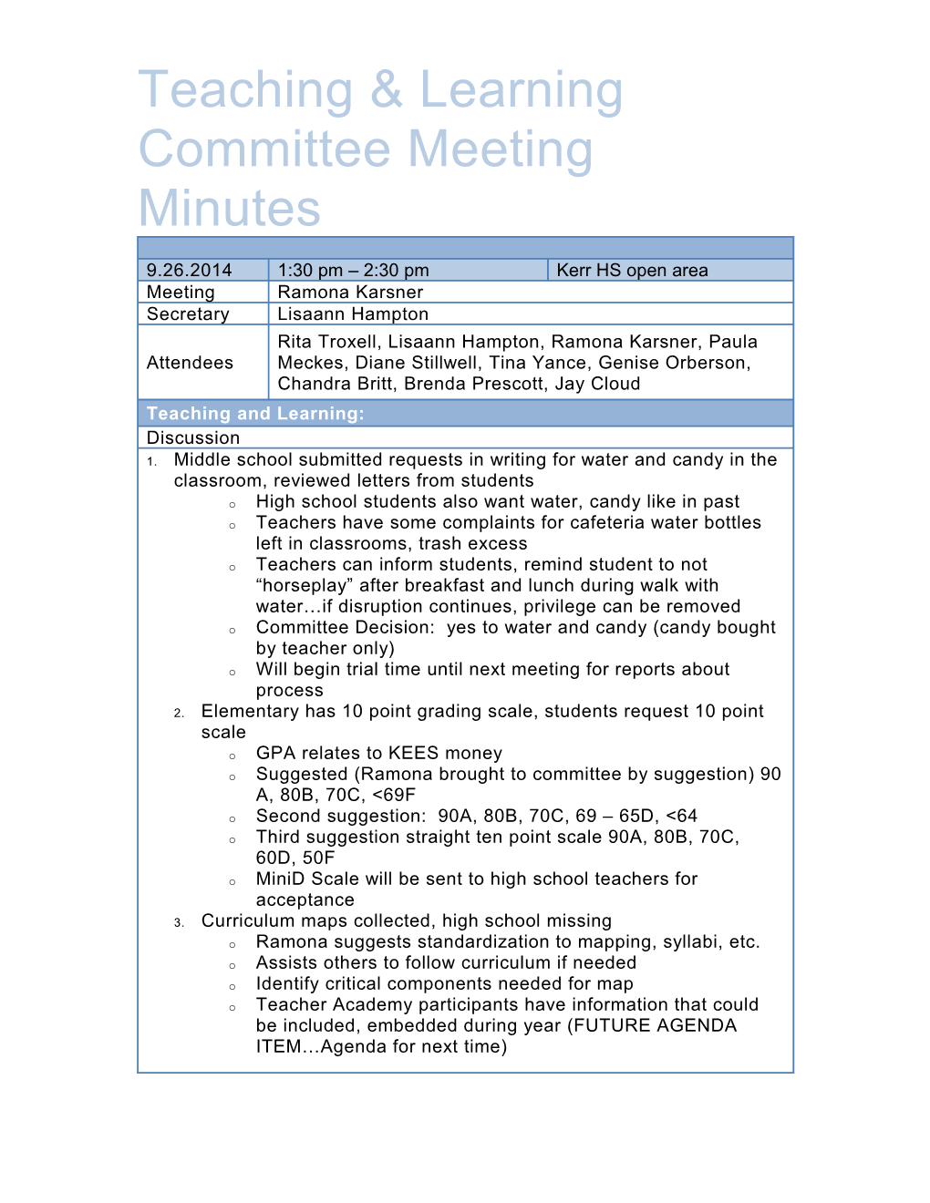 Teaching & Learningcommittee Meeting Minutes