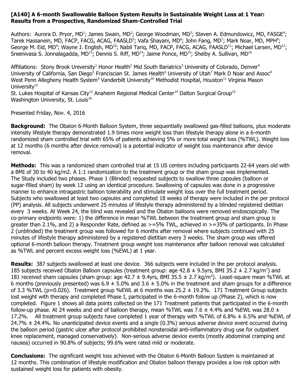 A140 a 6-Month Swallowable Balloon System Results in Sustainable Weight Loss at 1 Year