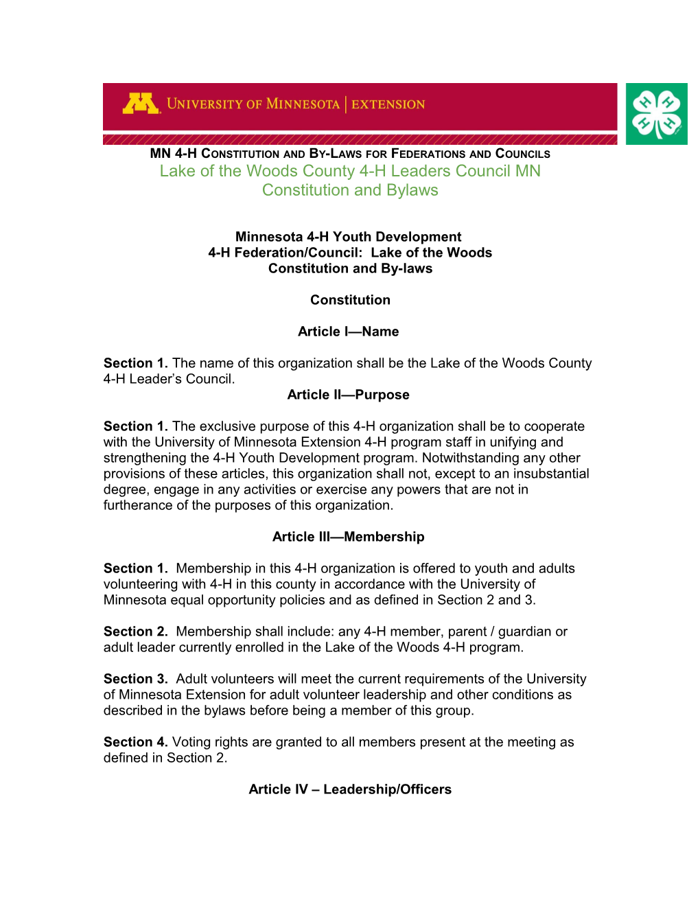 MN 4-H Constitution and By-Laws for Federations and Councils