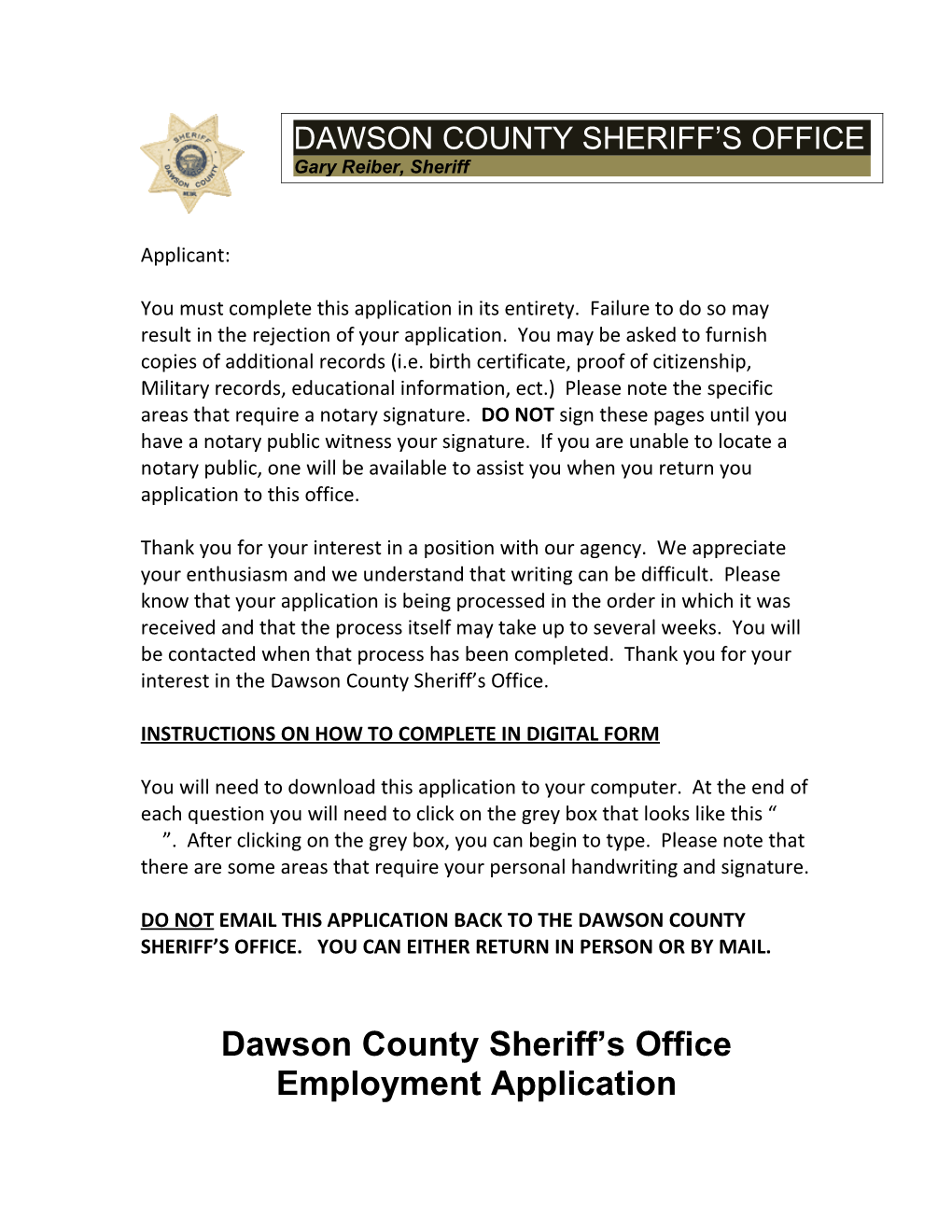 Dawson County Sheriff S Office Employment Application