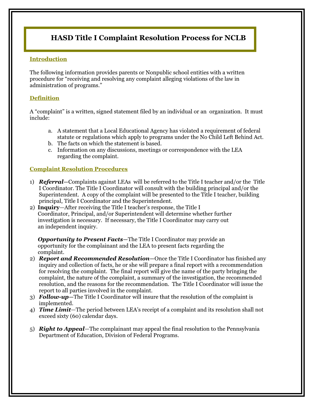 HASD Title I Complaint Resolution Process for NCLB