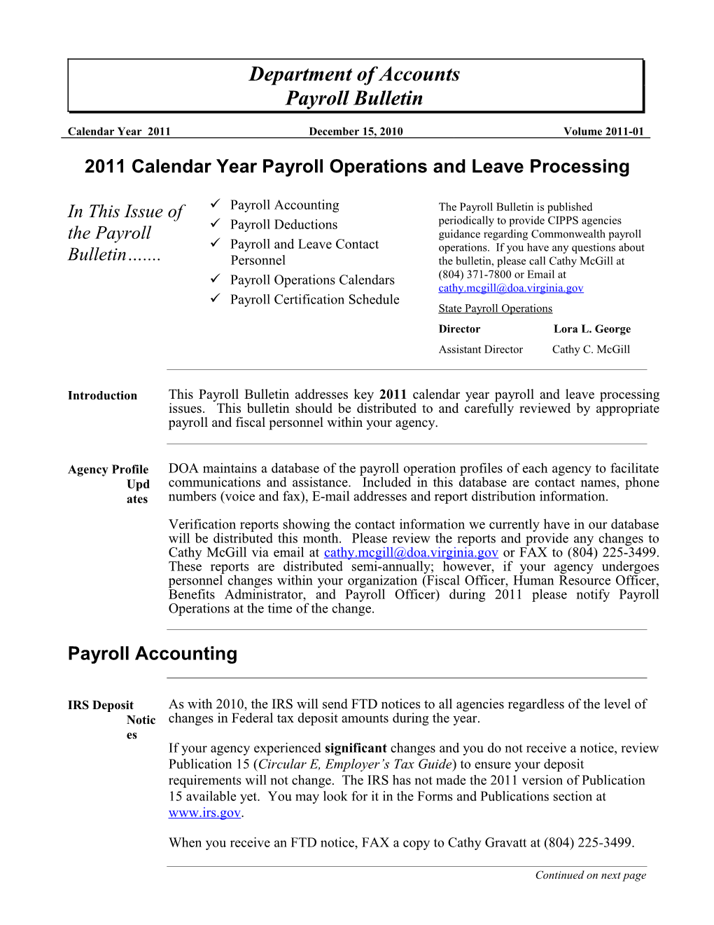 2011 Calendar Year Payroll Operations and Leave Processing