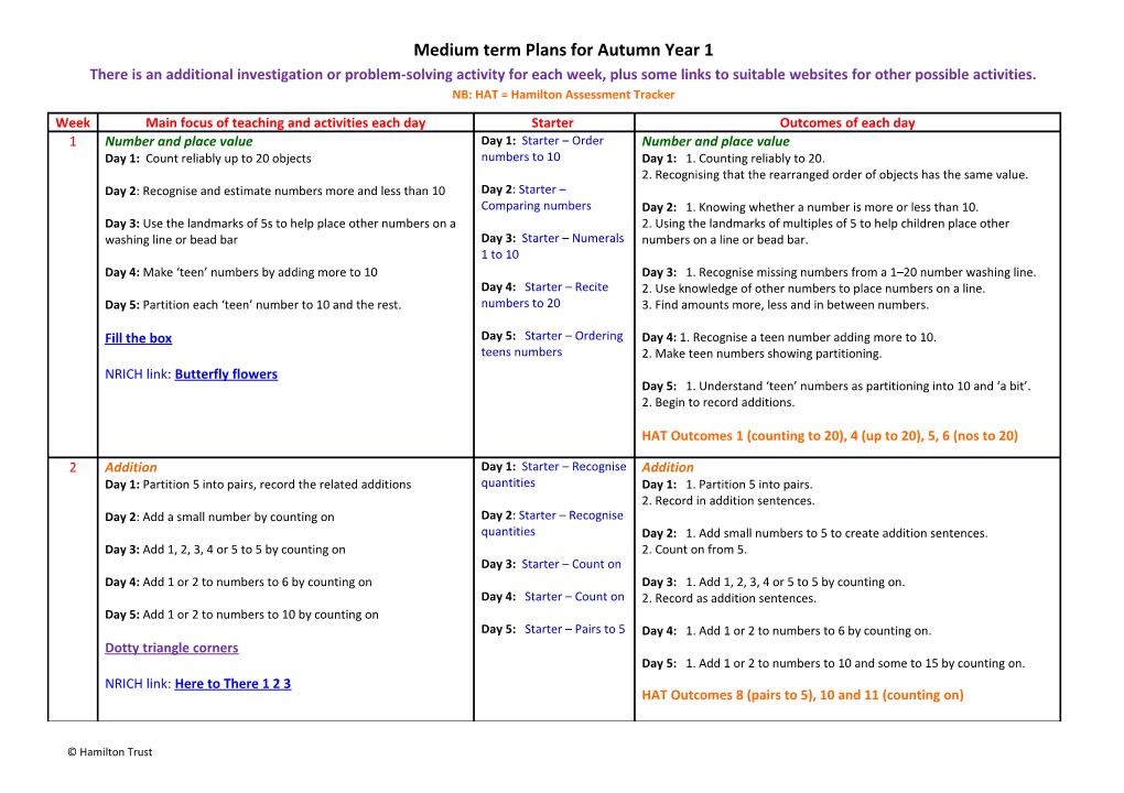 Medium Term Plans for Autumn Year 1