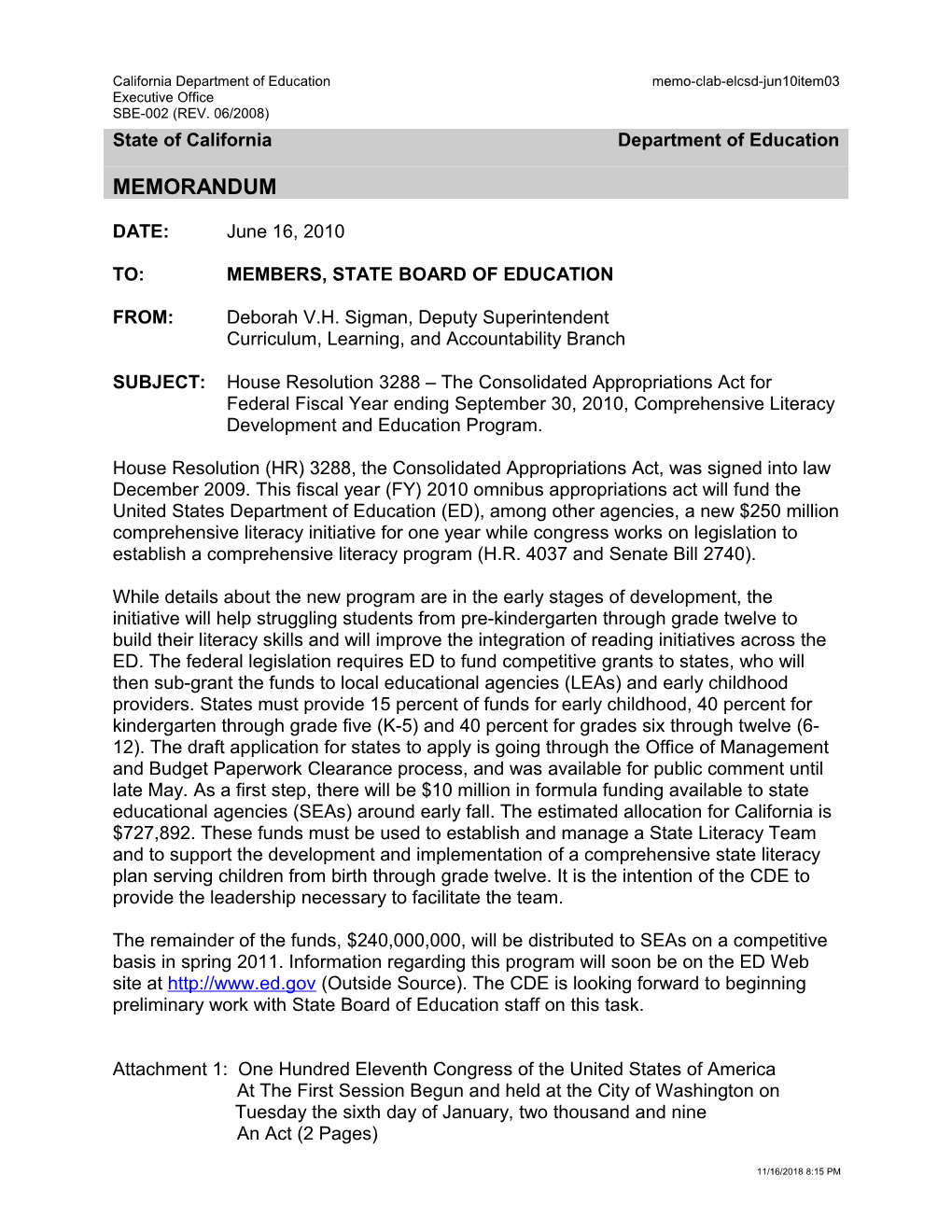 June 2010 Memorandum Item 10 - Information Memorandum (CA State Board of Education)