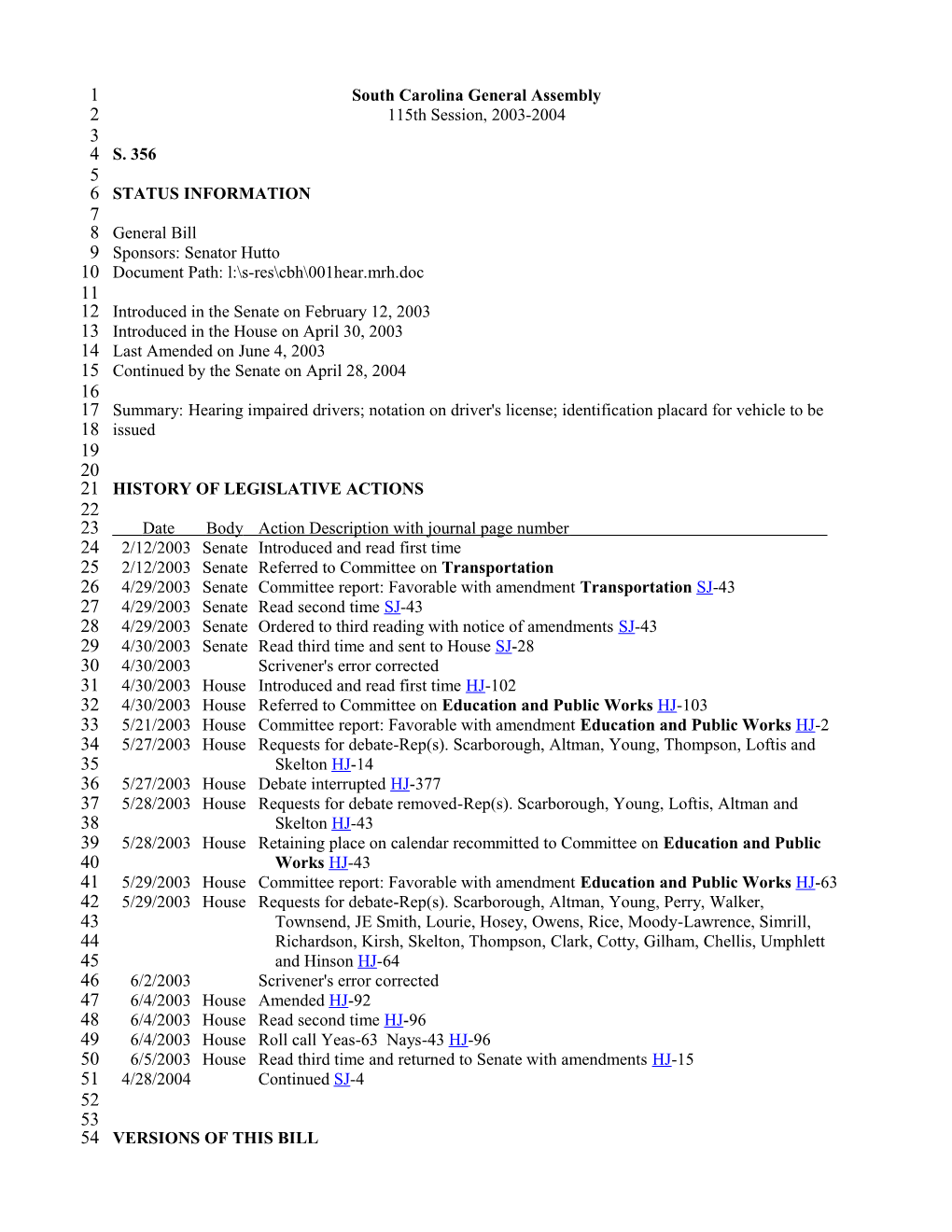 2003-2004 Bill 356: Hearing Impaired Drivers; Notation on Driver's License; Identification