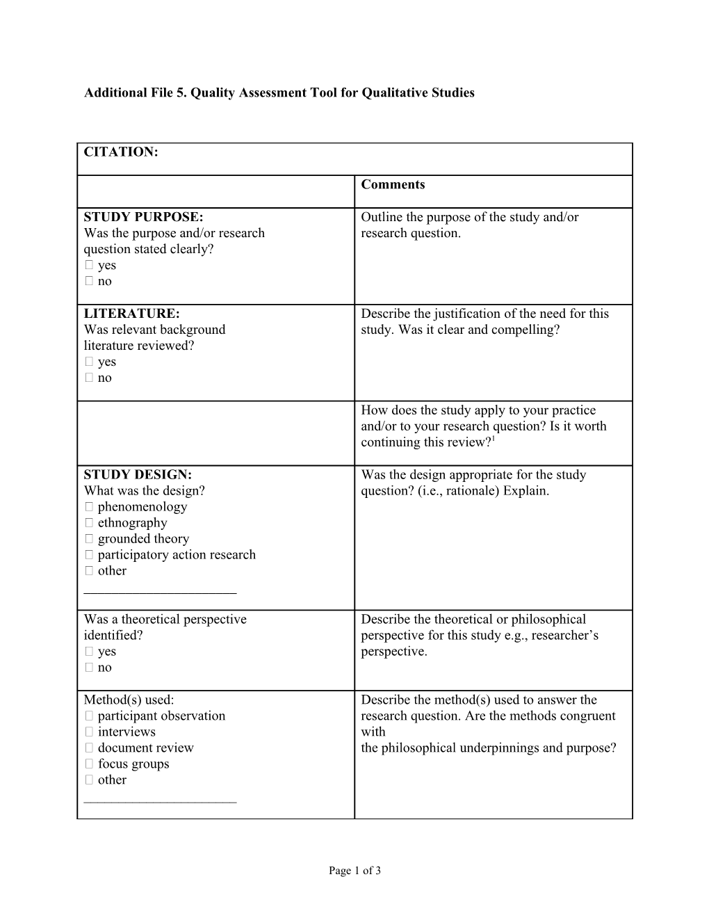 Additional File 5. Quality Assessment Tool for Qualitative Studies