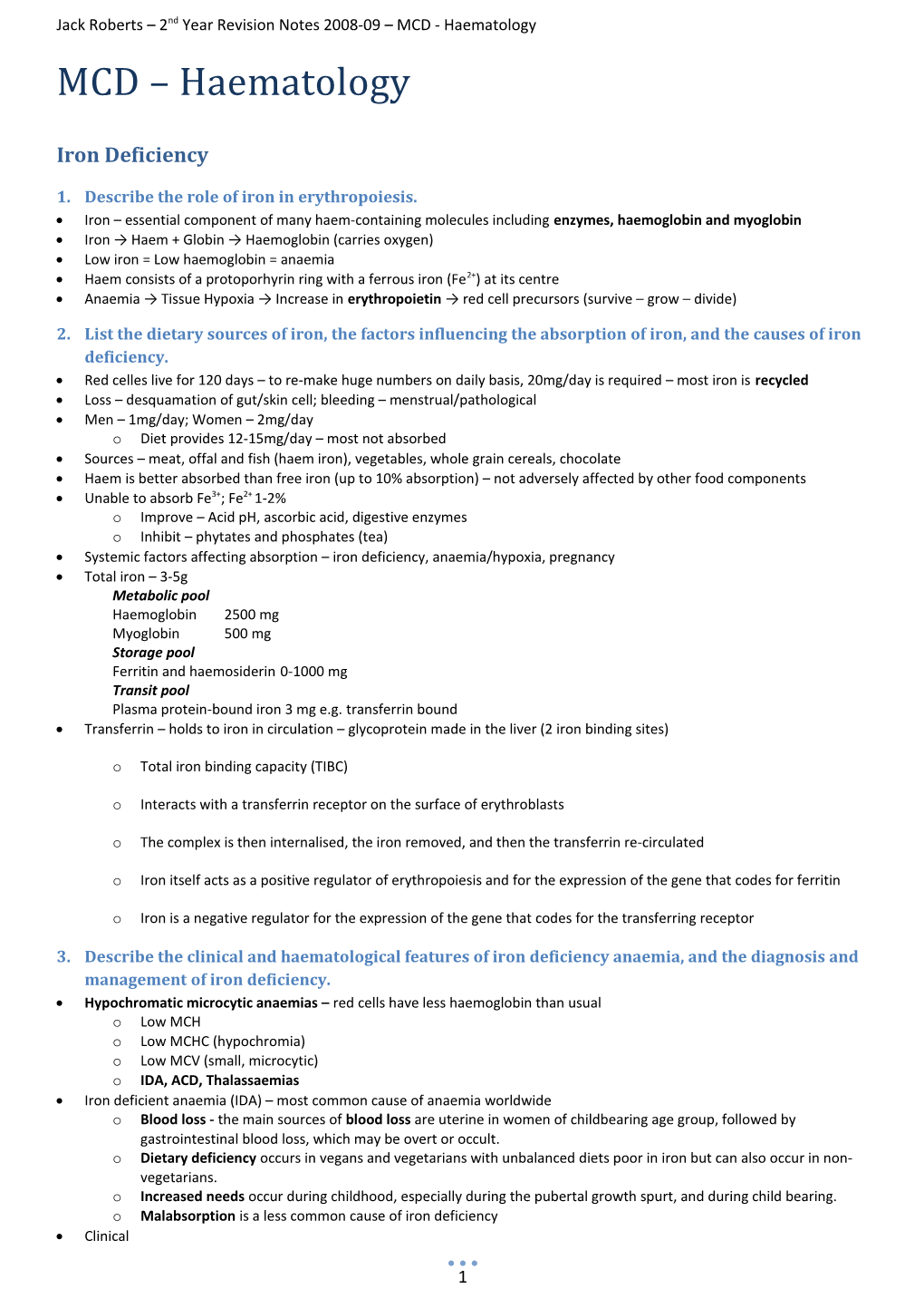 Jack Roberts 2Nd Year Revision Notes 2008-09 MCD - Haematology