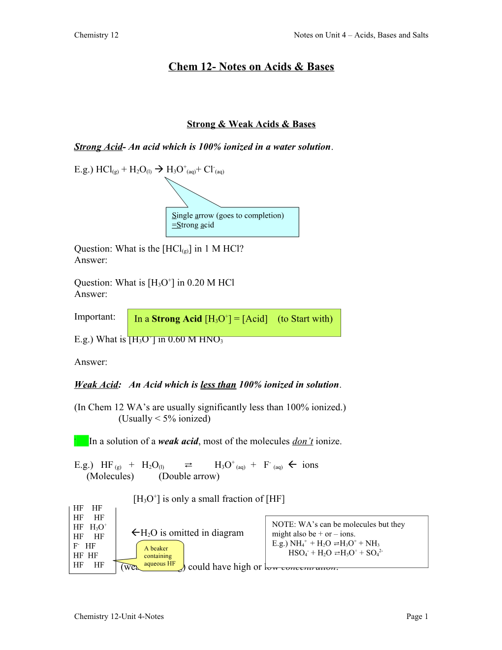 Chem 12- Notes on Acids & Bases