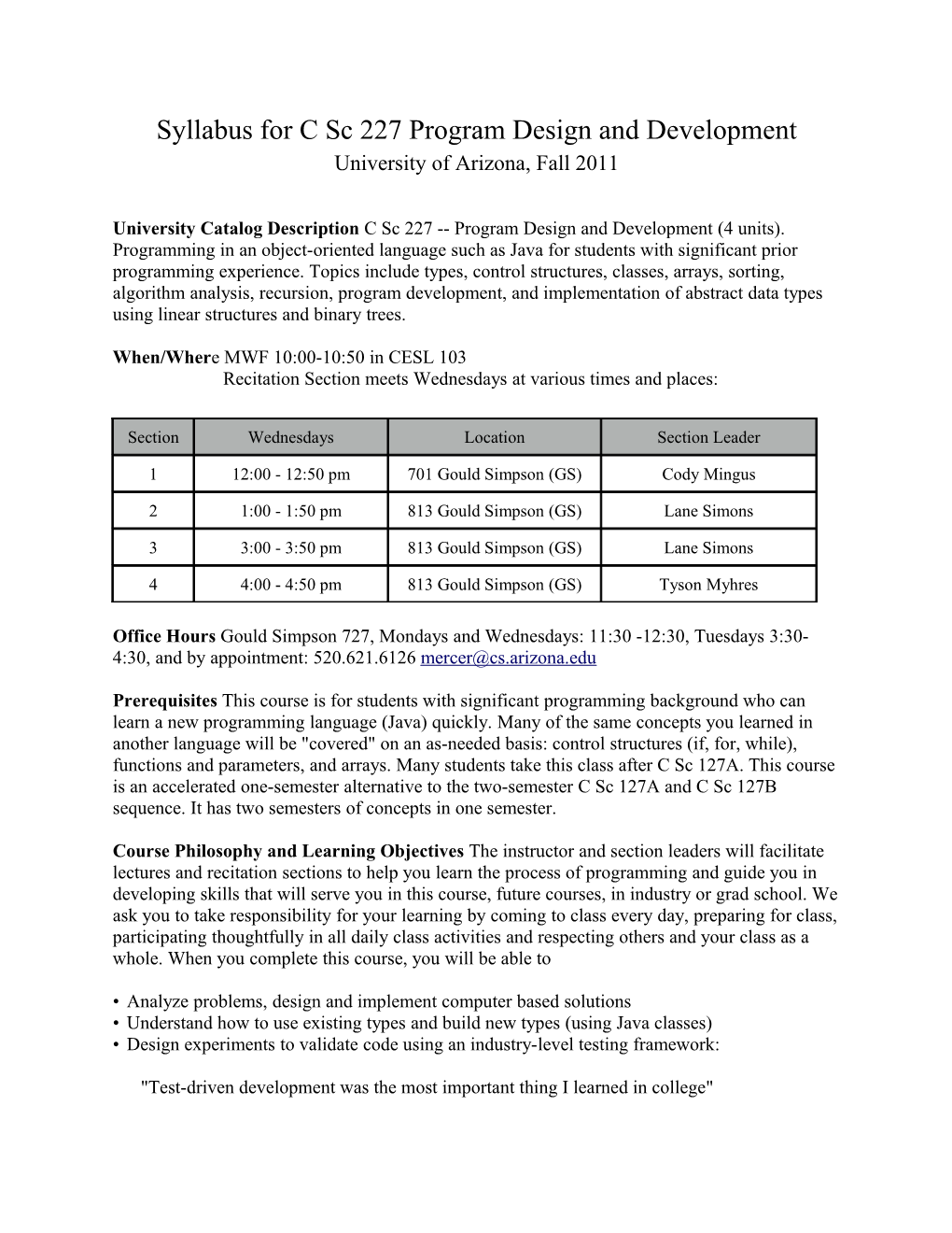 Syllabus for C Sc 227 Program Design and Development