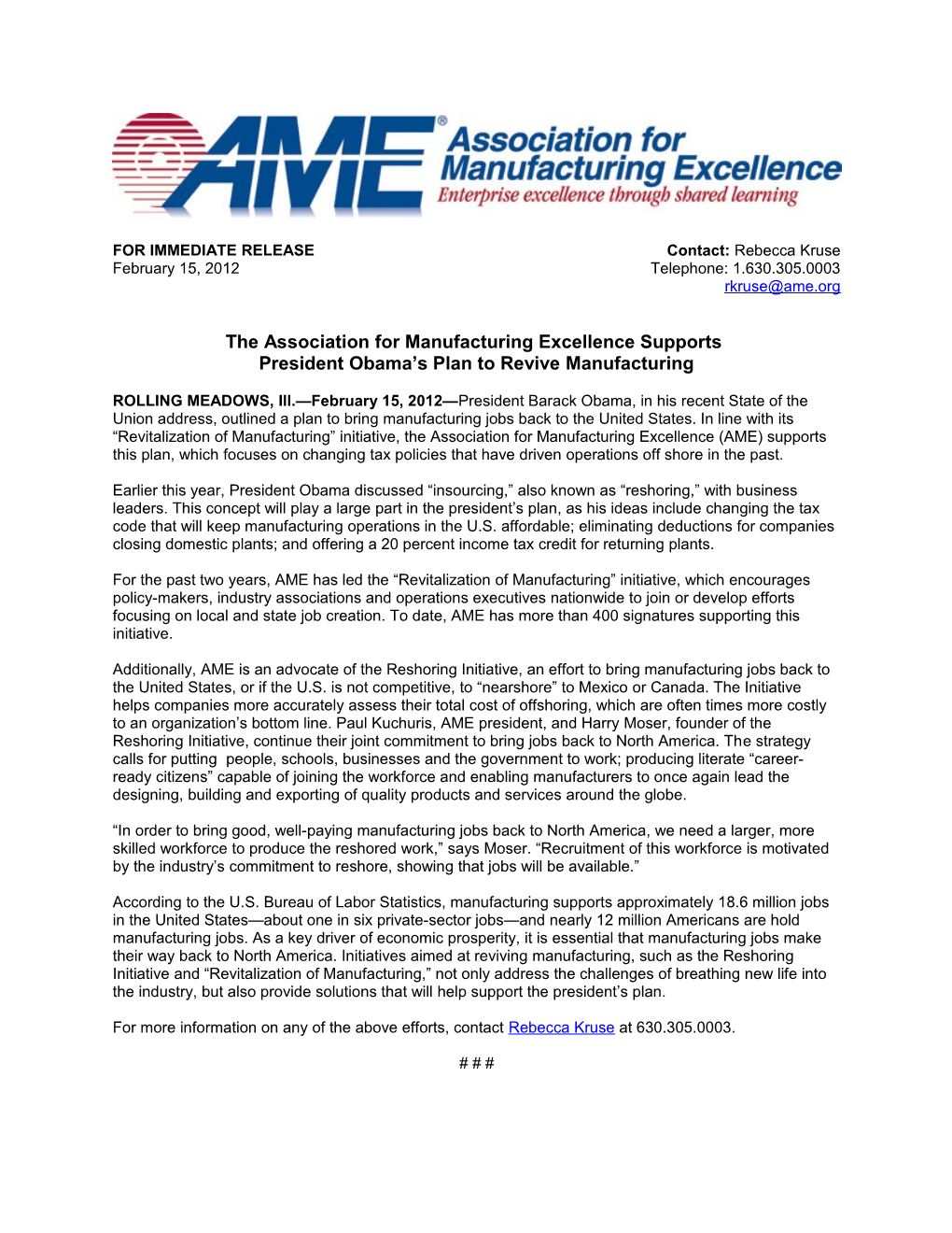 The Association for Manufacturing Excellence Supports