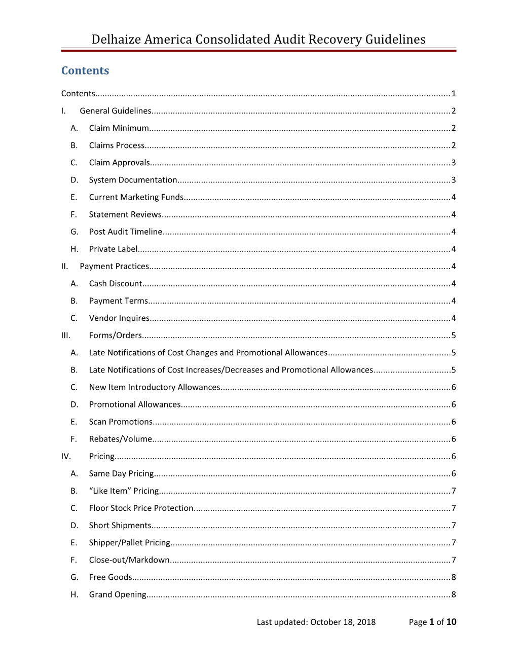 Delhaize America Consolidated Audit Recovery Guidelines