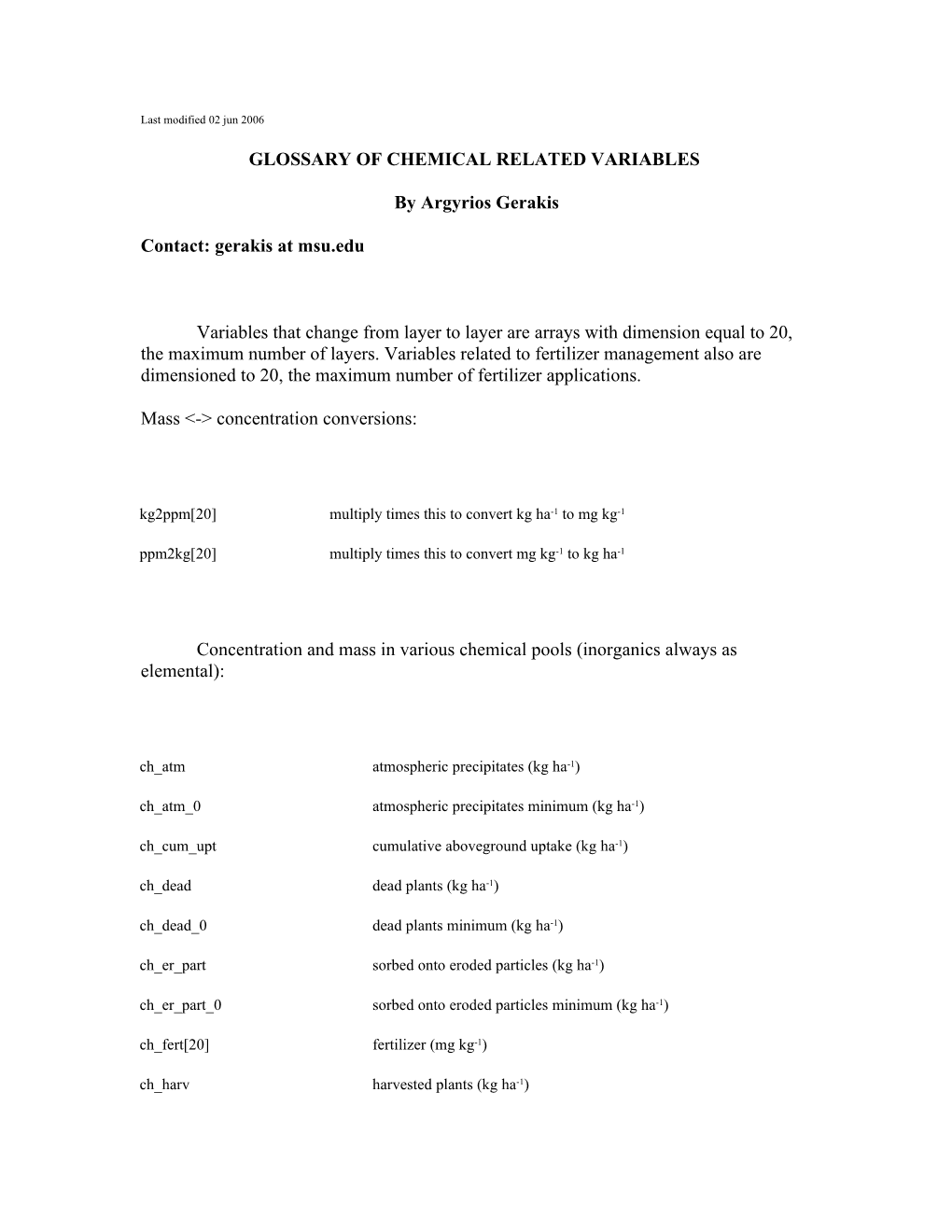 Glossary of Chemical Related Variables